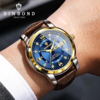 ساعت مچی مردانه BINBOND کلاسیک بند چرمی قهوه ای با تقویم روز و تاریخ – کوارتز شیک و مجلسی